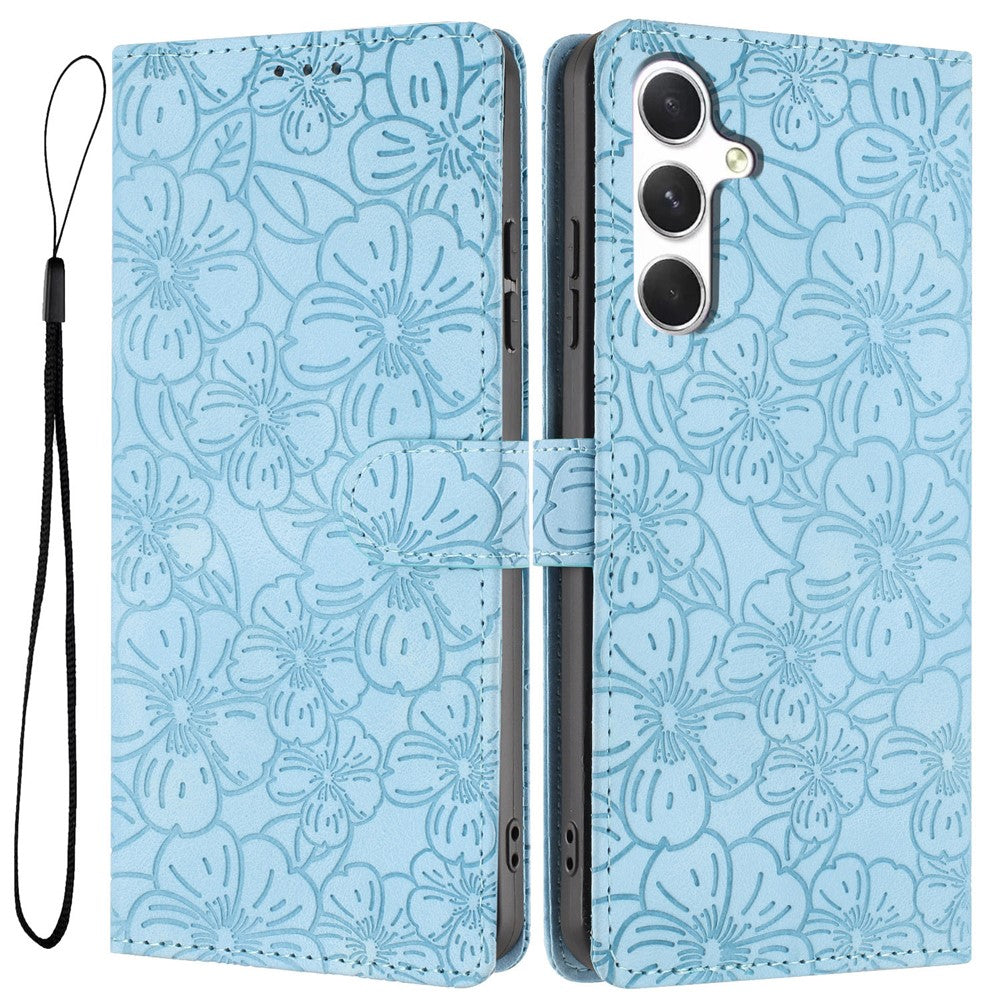 For Samsung Galaxy A57 5G Flip Case Cherry Blossom Pattern Leather Wallet Stand Phone Cover with Wrist Strap - Sky Blue