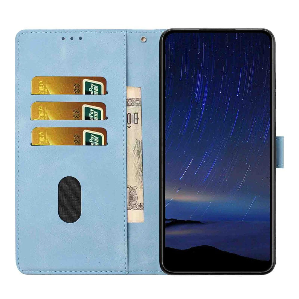 For Samsung Galaxy A57 5G Flip Case Cherry Blossom Pattern Leather Wallet Stand Phone Cover with Wrist Strap - Sky Blue