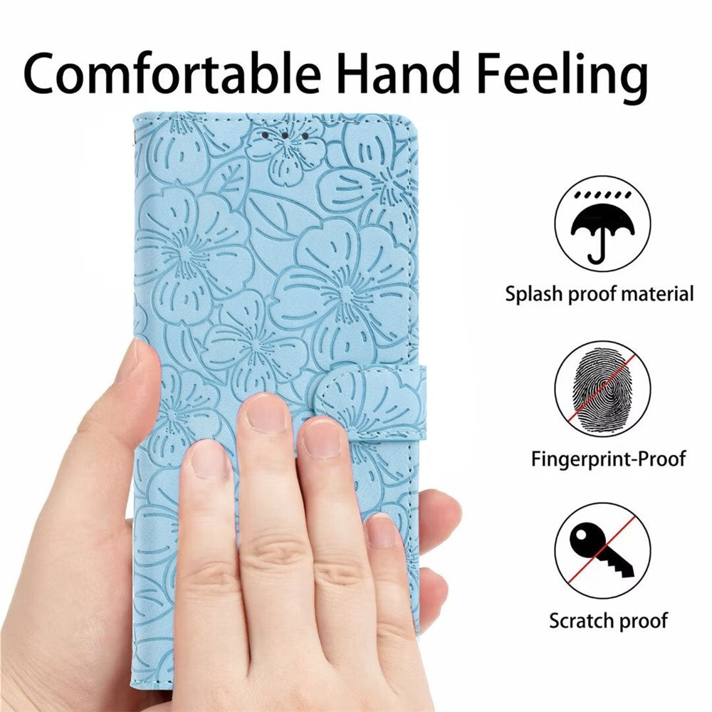 For Samsung Galaxy A57 5G Flip Case Cherry Blossom Pattern Leather Wallet Stand Phone Cover with Wrist Strap - Sky Blue