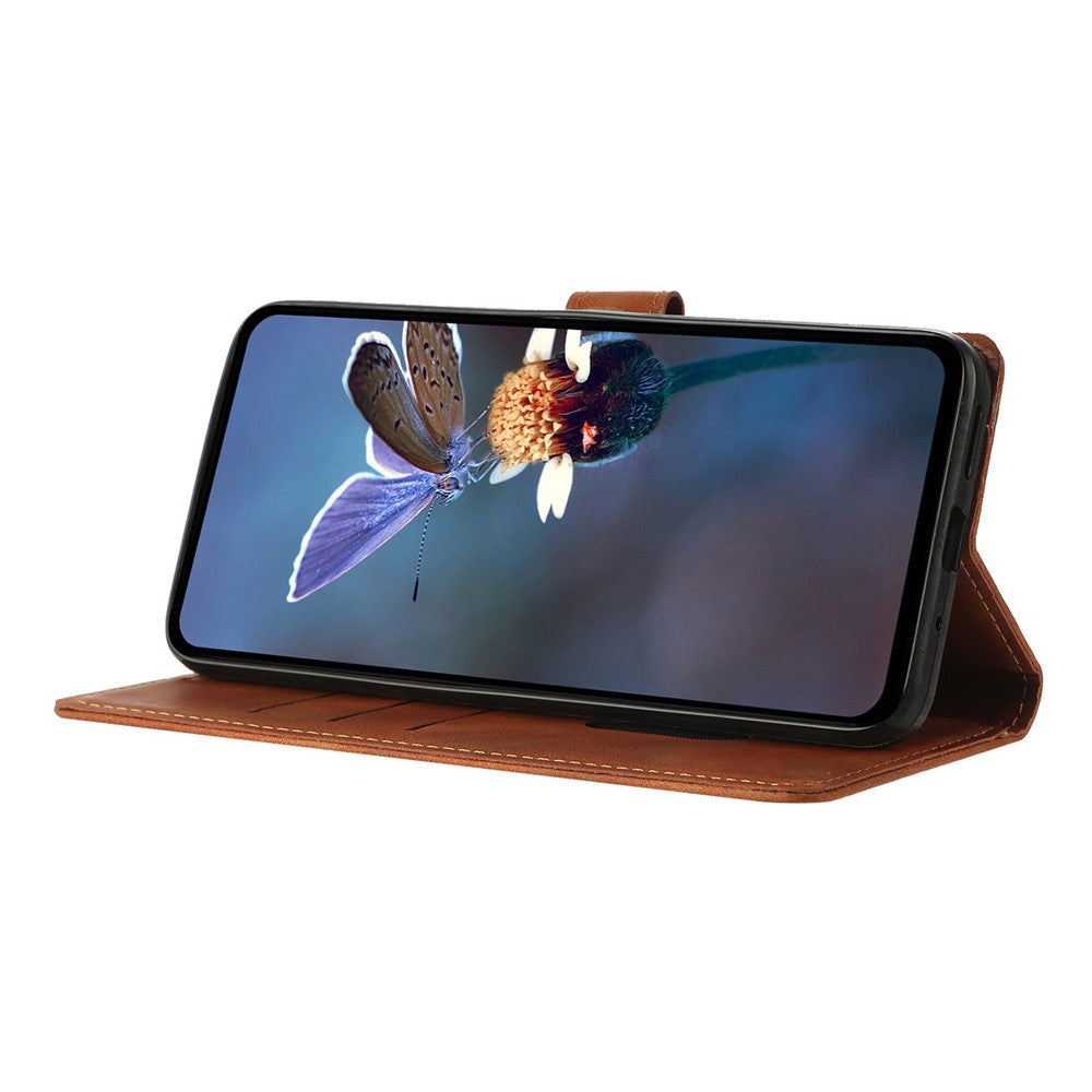For Samsung Galaxy A57 5G Case Wallet Stand Imprinted Triangle Pattern Leather Phone Flip Cover - Brown