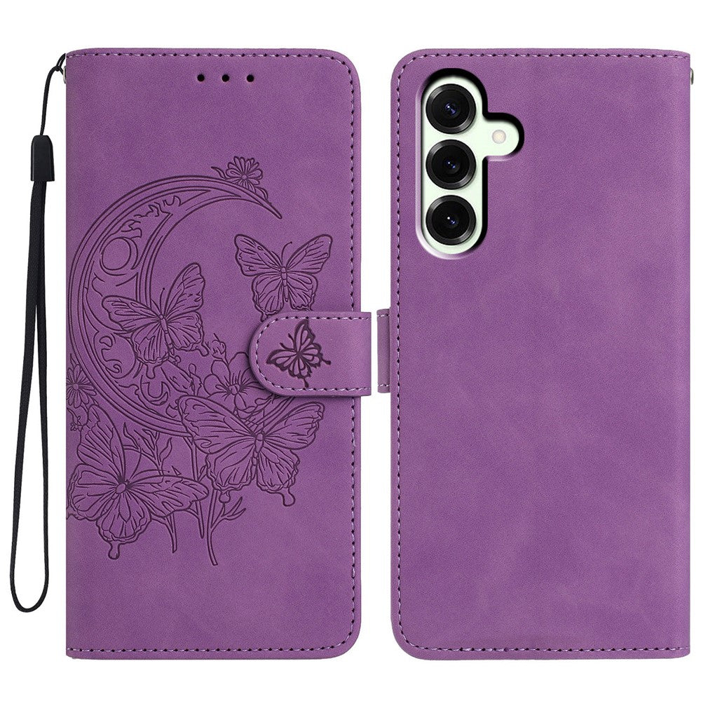 For Samsung Galaxy A57 5G Case Butterfly Flower Imprinted PU Leather Wallet Stand Phone Cover - Purple