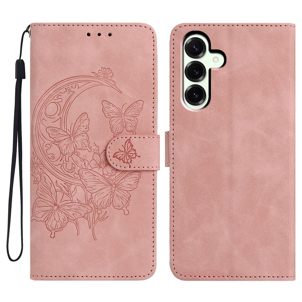 For Samsung Galaxy A57 5G Case Butterfly Flower Imprinted PU Leather Wallet Stand Phone Cover - Rose Gold