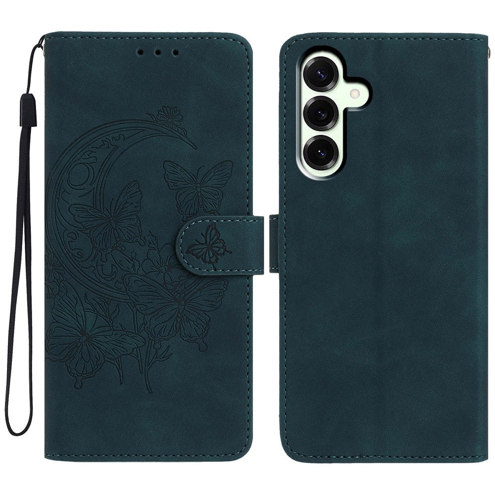 For Samsung Galaxy A57 5G Case Butterfly Flower Imprinted PU Leather Wallet Stand Phone Cover - Green
