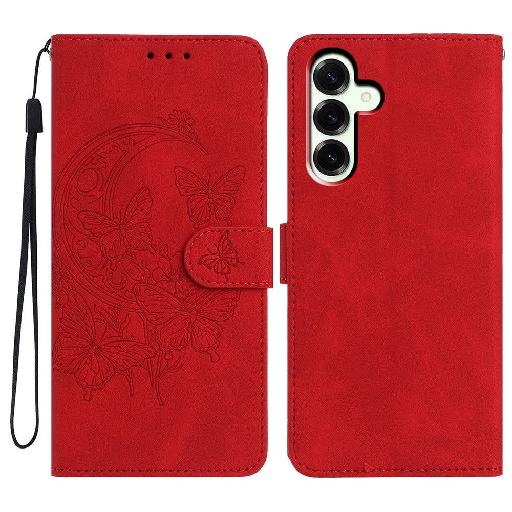 For Samsung Galaxy A57 5G Case Butterfly Flower Imprinted PU Leather Wallet Stand Phone Cover - Red