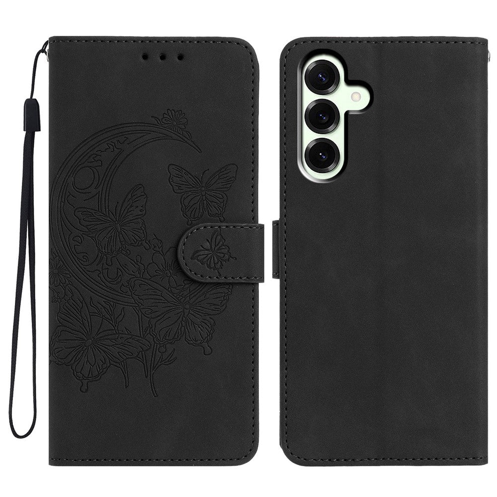 For Samsung Galaxy A57 5G Case Butterfly Flower Imprinted PU Leather Wallet Stand Phone Cover - Black