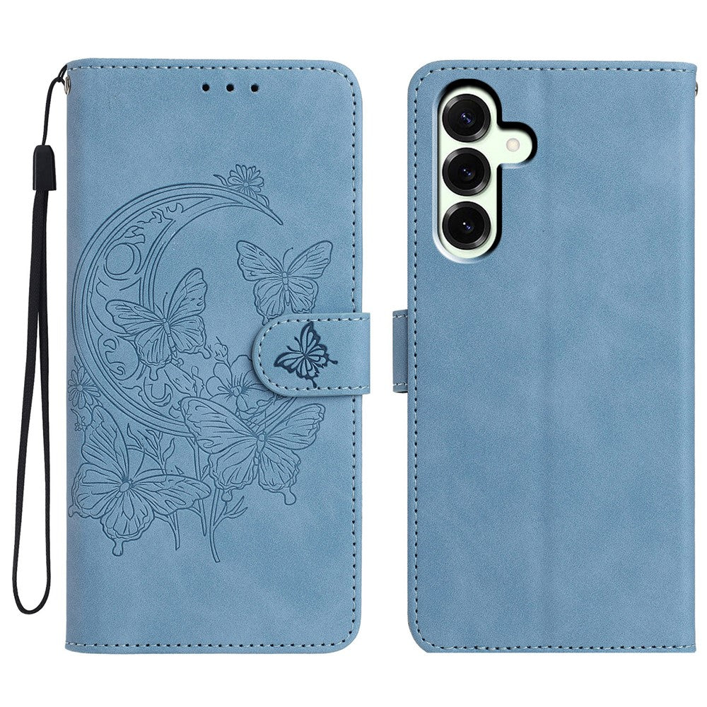 For Samsung Galaxy A57 5G Case Butterfly Flower Imprinted PU Leather Wallet Stand Phone Cover - Sky Blue