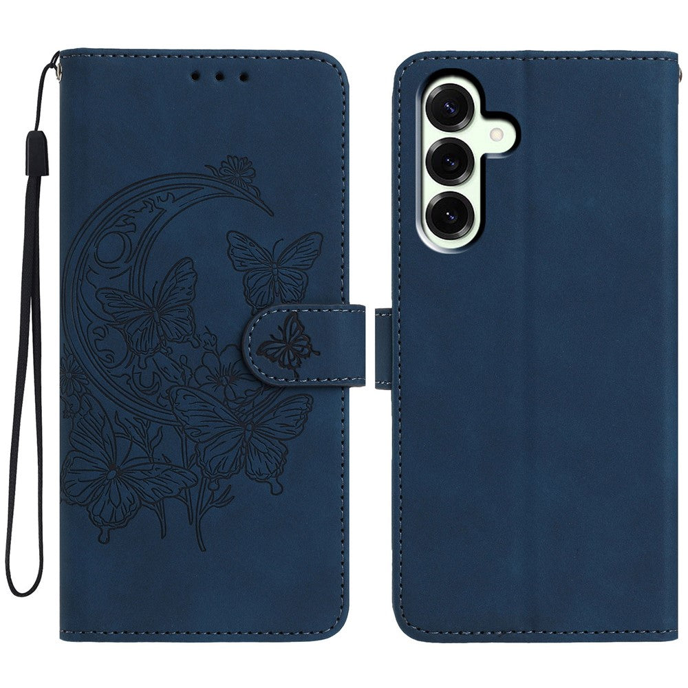 For Samsung Galaxy A57 5G Case Butterfly Flower Imprinted PU Leather Wallet Stand Phone Cover - Blue