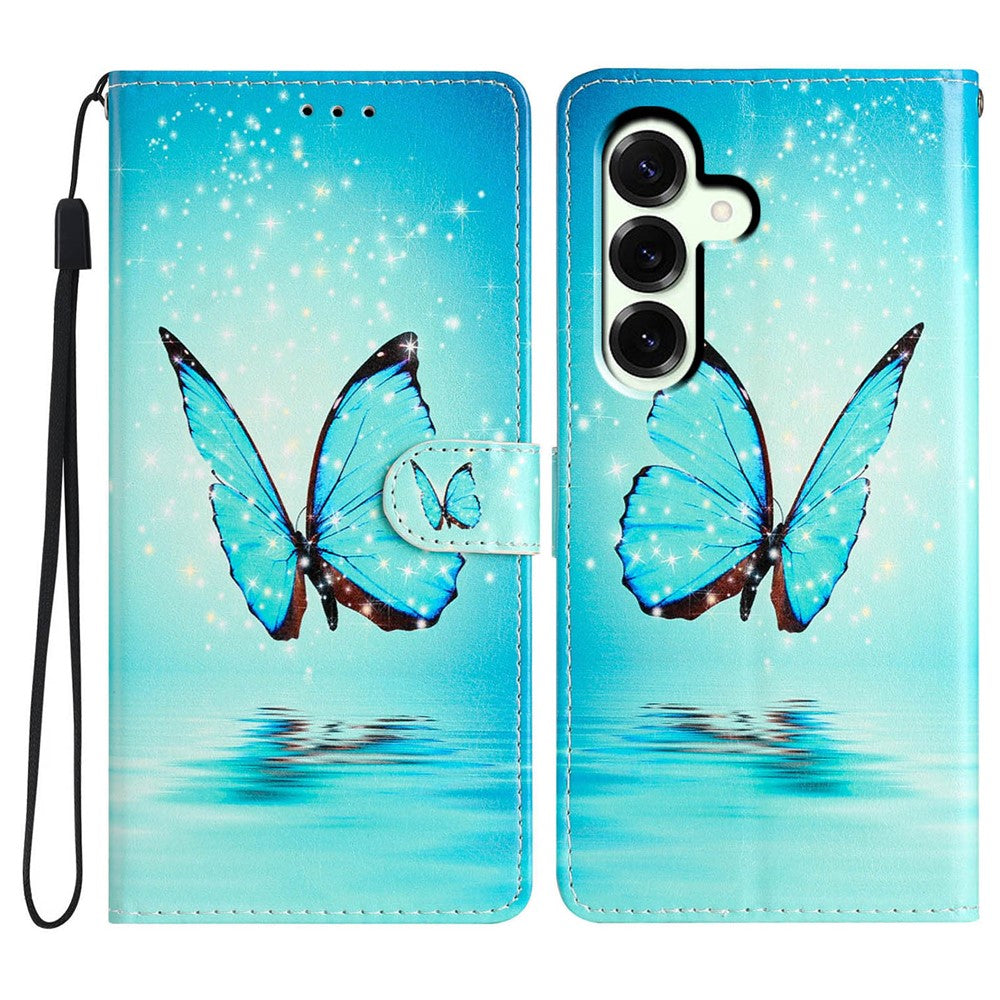 For Samsung Galaxy A57 5G Wallet Case PU Leather Pattern Printing Stand Phone Cover with Strap - Blue Butterfly