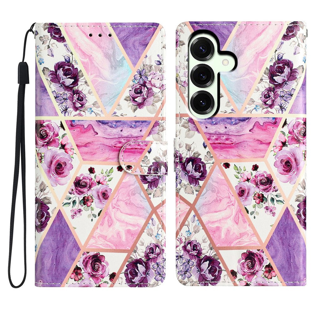 For Samsung Galaxy A57 5G Wallet Case PU Leather Pattern Printing Stand Phone Cover with Strap - Purple Flowers