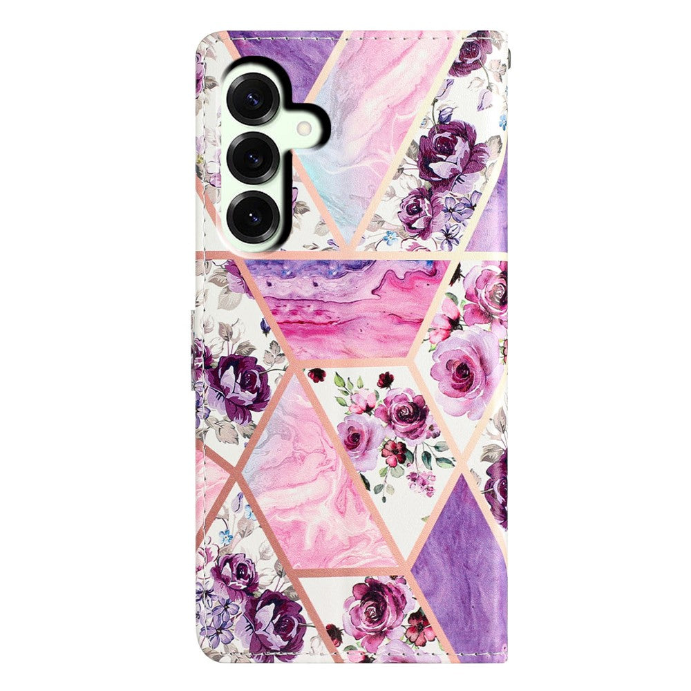 For Samsung Galaxy A57 5G Wallet Case PU Leather Pattern Printing Stand Phone Cover with Strap - Purple Flowers