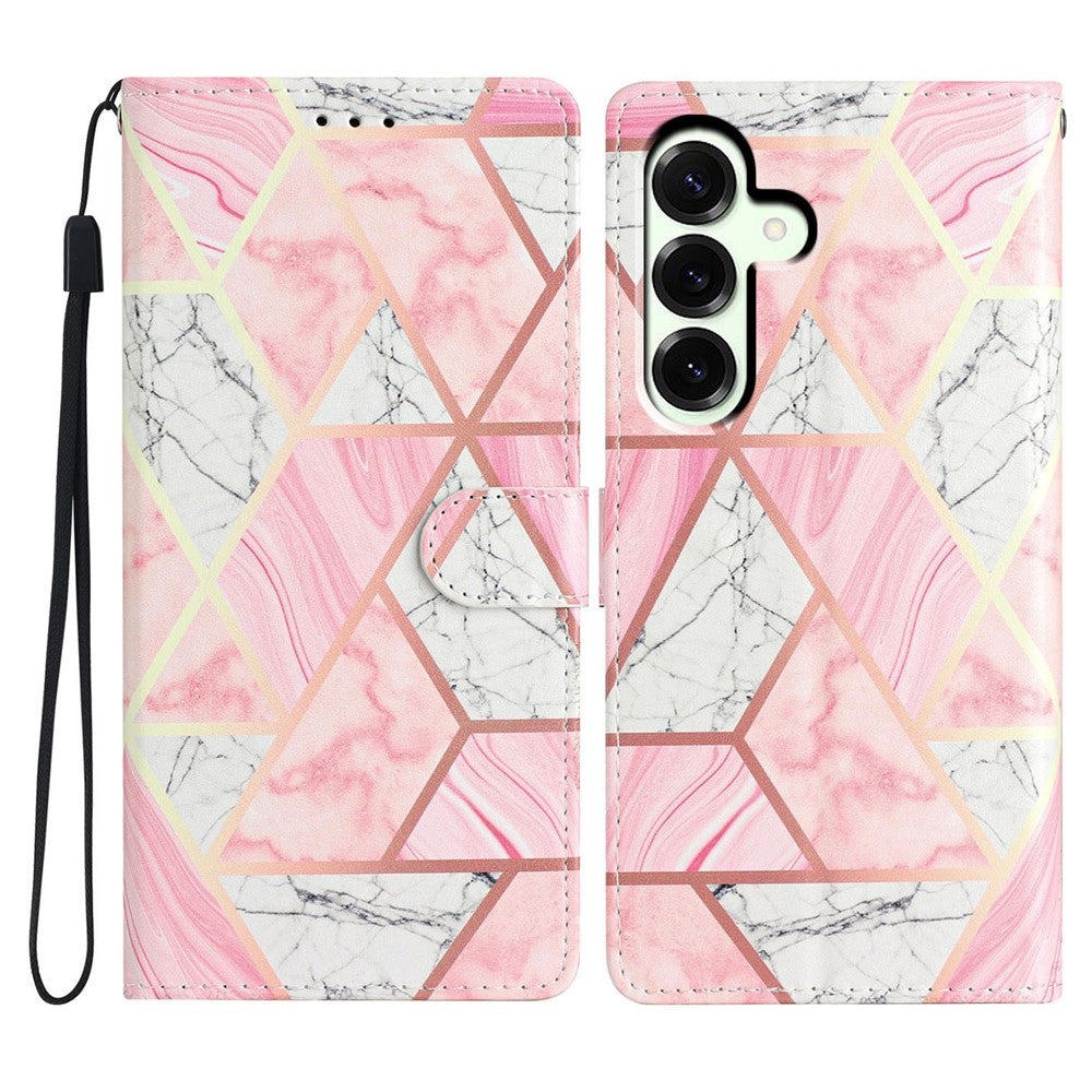 For Samsung Galaxy A57 5G Wallet Case PU Leather Pattern Printing Stand Phone Cover with Strap - Pink Marble