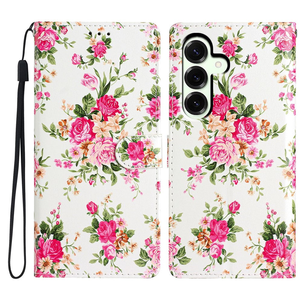 For Samsung Galaxy A57 5G Wallet Case PU Leather Pattern Printing Stand Phone Cover with Strap - Red Flowers