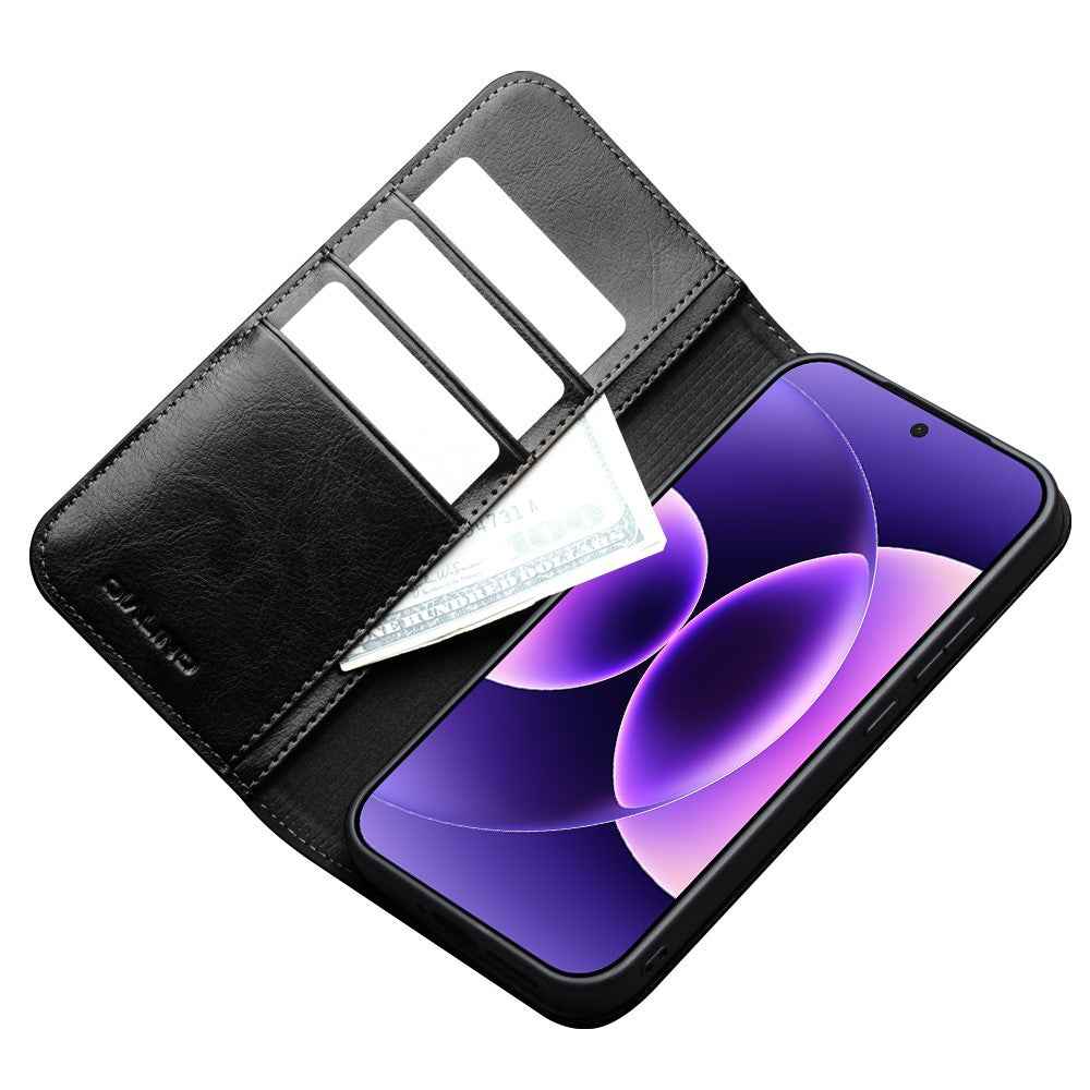QIALINO For Xiaomi 17 Pro Wallet Case Genuine Cow Leather Phone Cover Card Holder Stand - Black