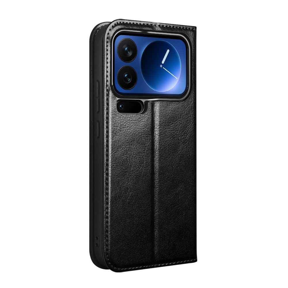 QIALINO For Xiaomi 17 Pro Wallet Case Genuine Cow Leather Phone Cover Card Holder Stand - Black