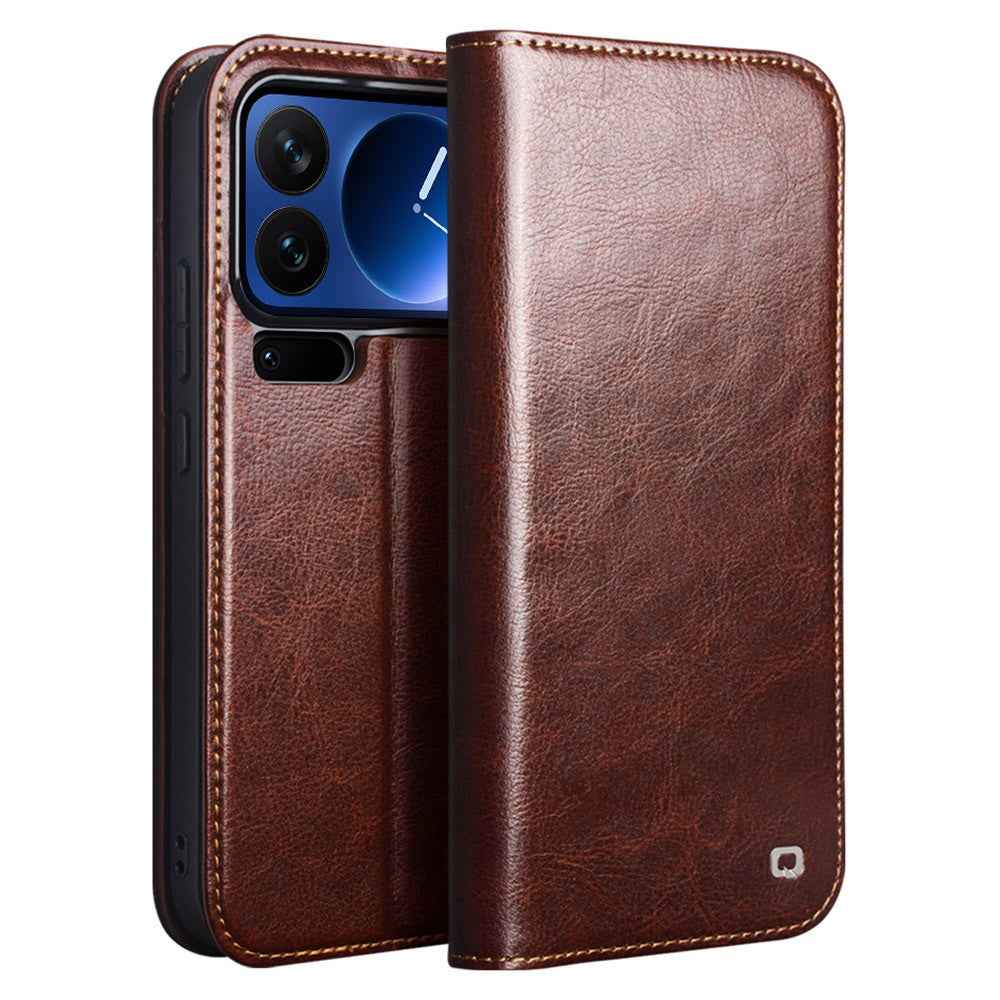 QIALINO For Xiaomi 17 Pro Wallet Case Genuine Cow Leather Phone Cover Card Holder Stand - Brown