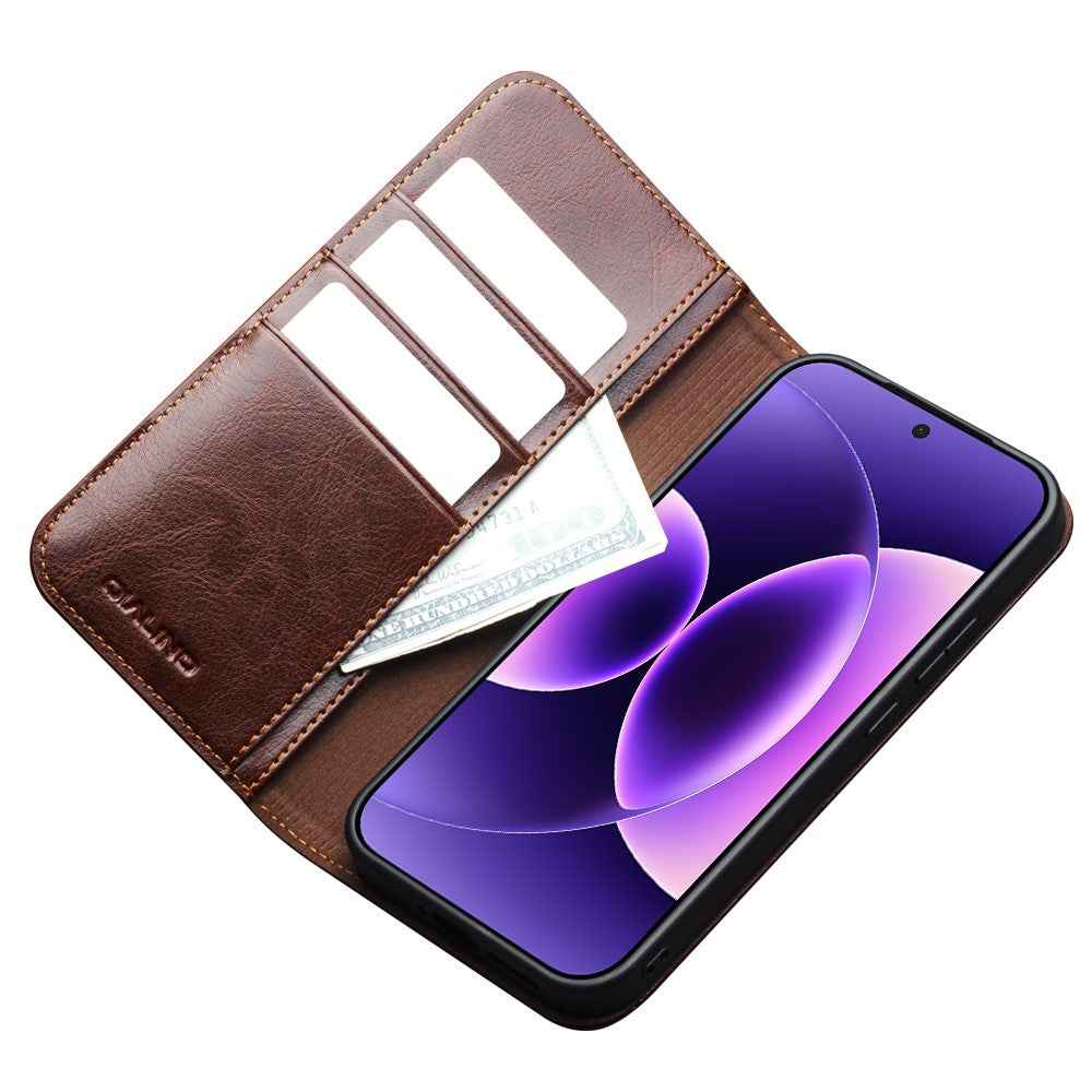 QIALINO For Xiaomi 17 Pro Wallet Case Genuine Cow Leather Phone Cover Card Holder Stand - Brown