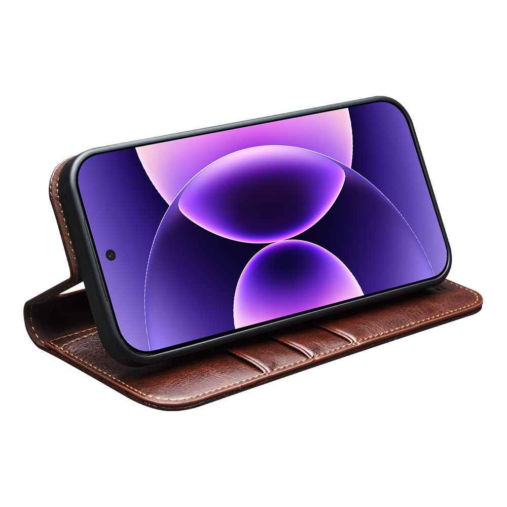 QIALINO For Xiaomi 17 Pro Wallet Case Genuine Cow Leather Phone Cover Card Holder Stand - Brown