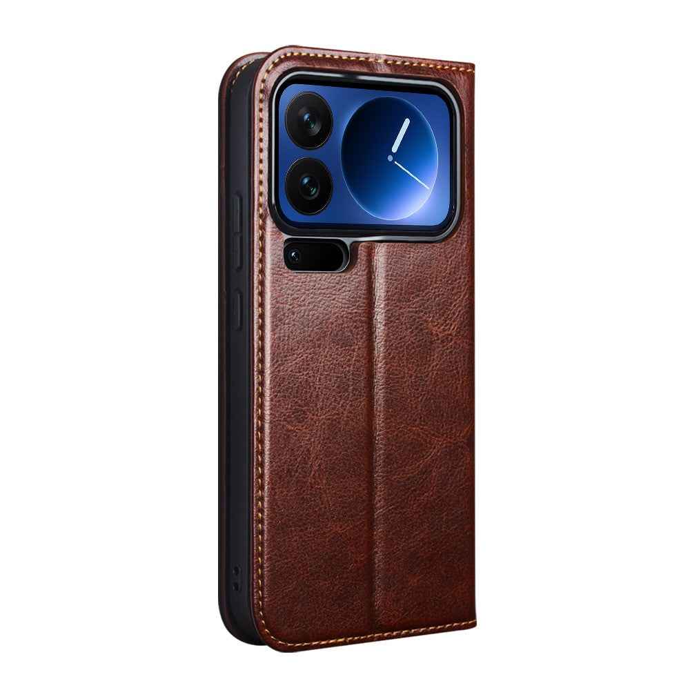 QIALINO For Xiaomi 17 Pro Wallet Case Genuine Cow Leather Phone Cover Card Holder Stand - Brown