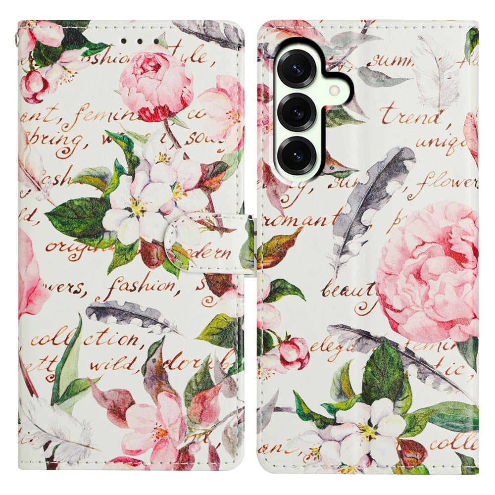 For Samsung Galaxy A57 5G Case Pattern Printing Wallet Stand Flip Leather Phone Cover with Strap - Green Leaves Flowers