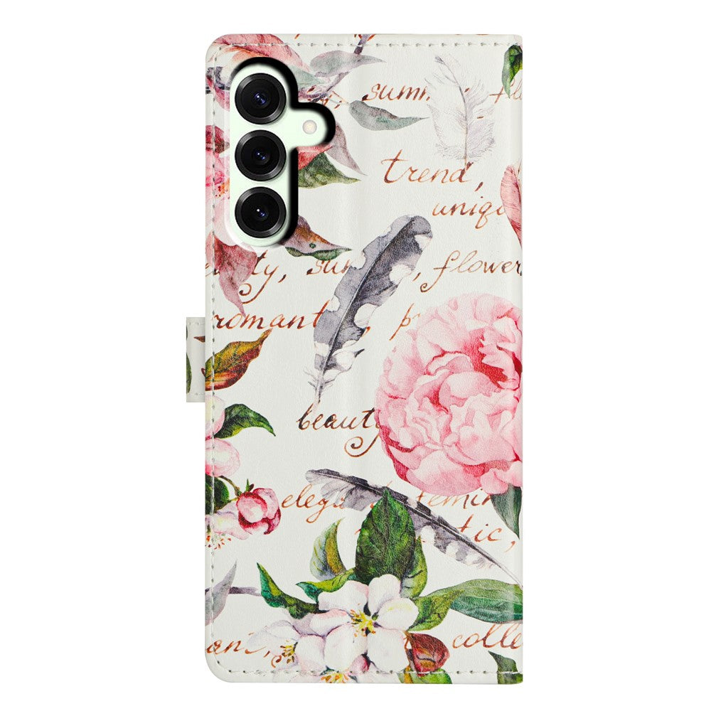 For Samsung Galaxy A57 5G Case Pattern Printing Wallet Stand Flip Leather Phone Cover with Strap - Green Leaves Flowers