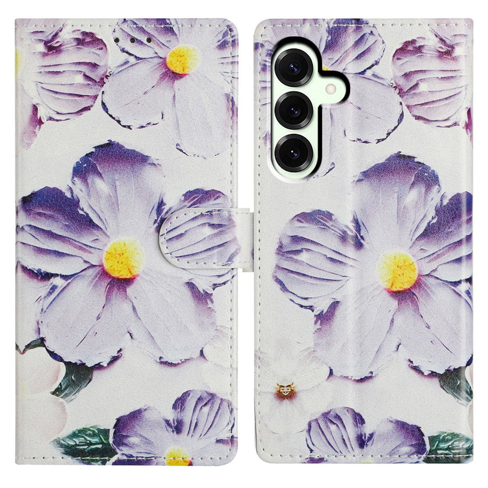 For Samsung Galaxy A57 5G Case Pattern Printing Wallet Stand Flip Leather Phone Cover with Strap - Purple Flower