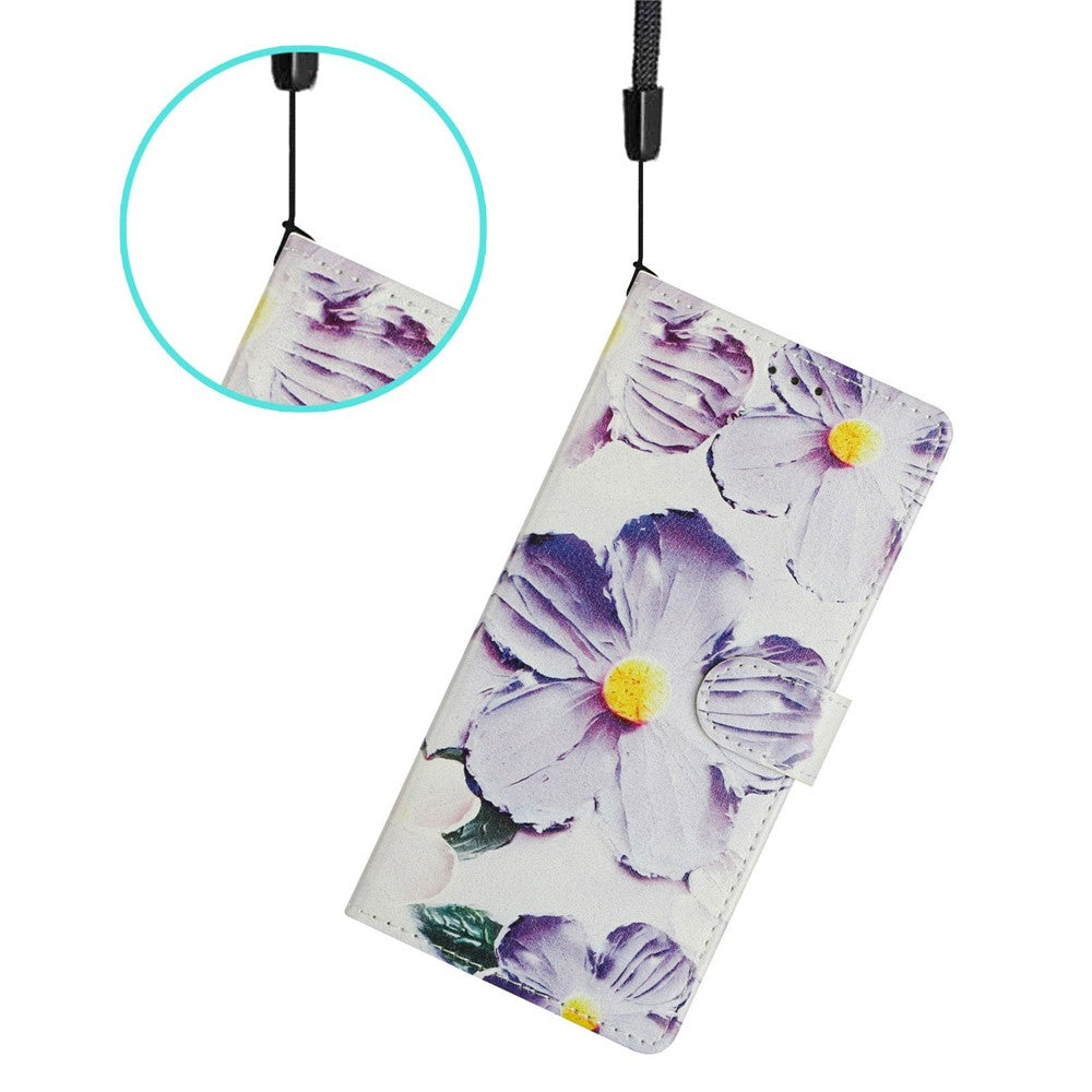 For Samsung Galaxy A57 5G Case Pattern Printing Wallet Stand Flip Leather Phone Cover with Strap - Purple Flower
