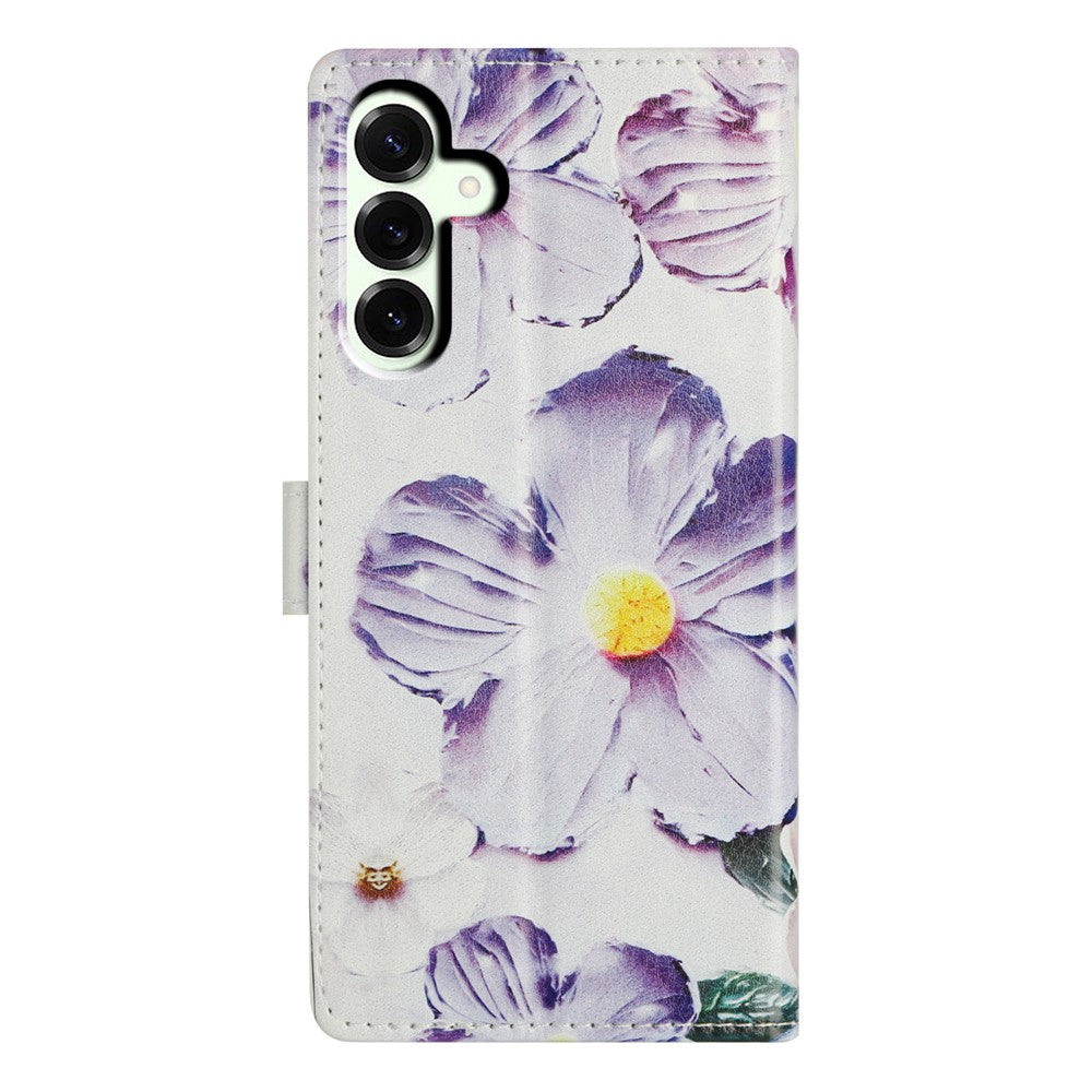 For Samsung Galaxy A57 5G Case Pattern Printing Wallet Stand Flip Leather Phone Cover with Strap - Purple Flower