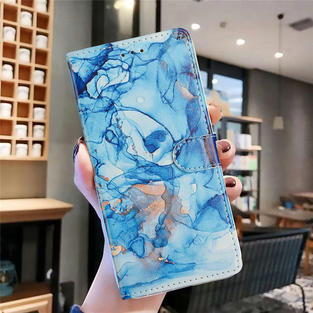 For Samsung Galaxy A57 5G Case Pattern Printing Wallet Stand Flip Leather Phone Cover with Strap - Blue Marble