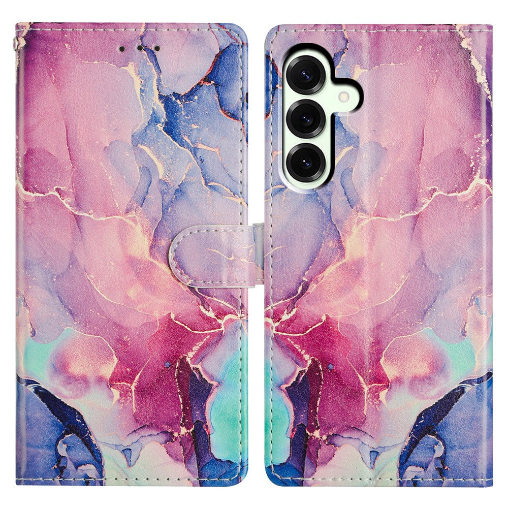 For Samsung Galaxy A57 5G Case Pattern Printing Wallet Stand Flip Leather Phone Cover with Strap - Green Pink Marble