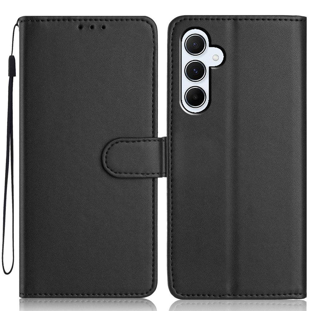 For Samsung Galaxy A57 5G Wallet Case with Strap / Multiple Card Slots Solid Color Leather Stand Phone Cover - Black