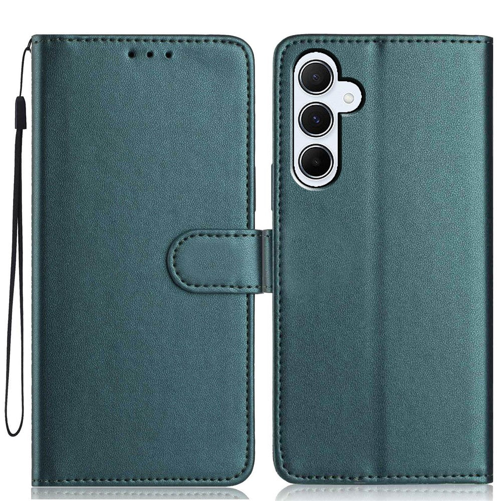 For Samsung Galaxy A57 5G Wallet Case with Strap / Multiple Card Slots Solid Color Leather Stand Phone Cover - Blackish Green