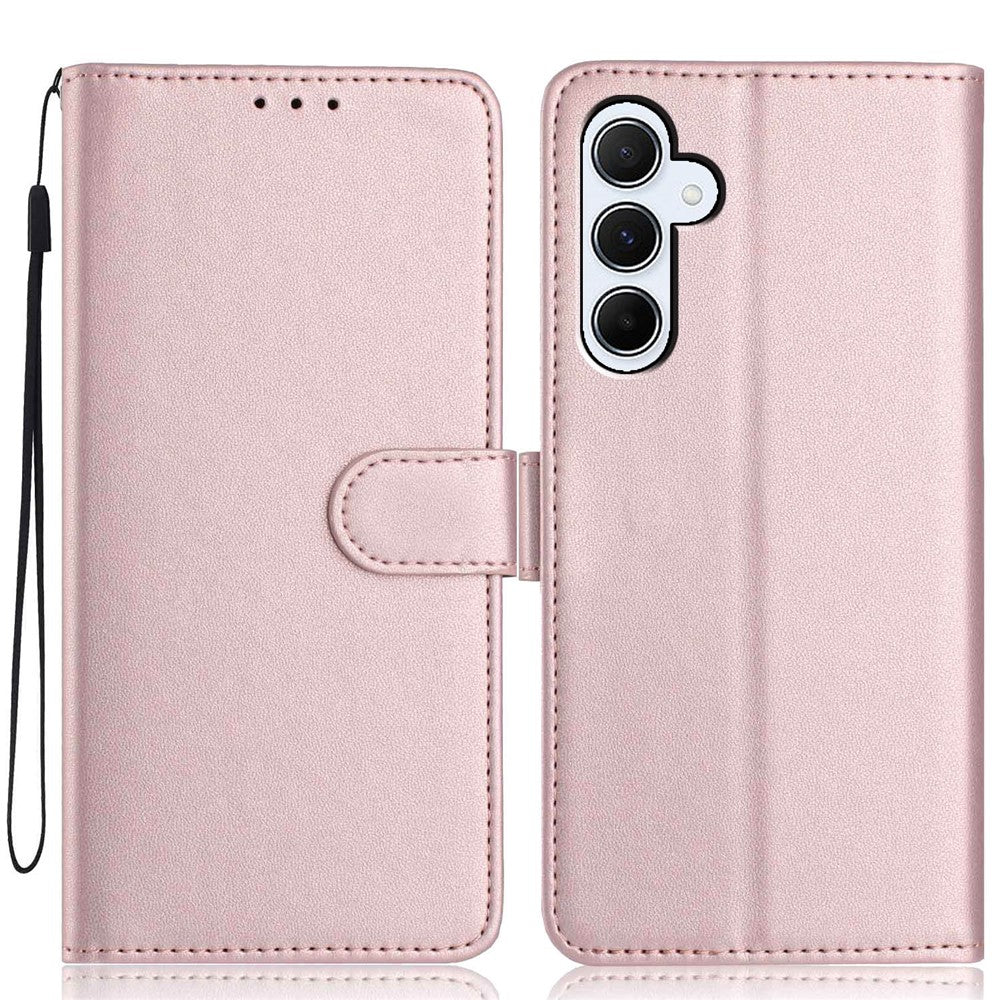 For Samsung Galaxy A57 5G Wallet Case with Strap / Multiple Card Slots Solid Color Leather Stand Phone Cover - Rose Gold