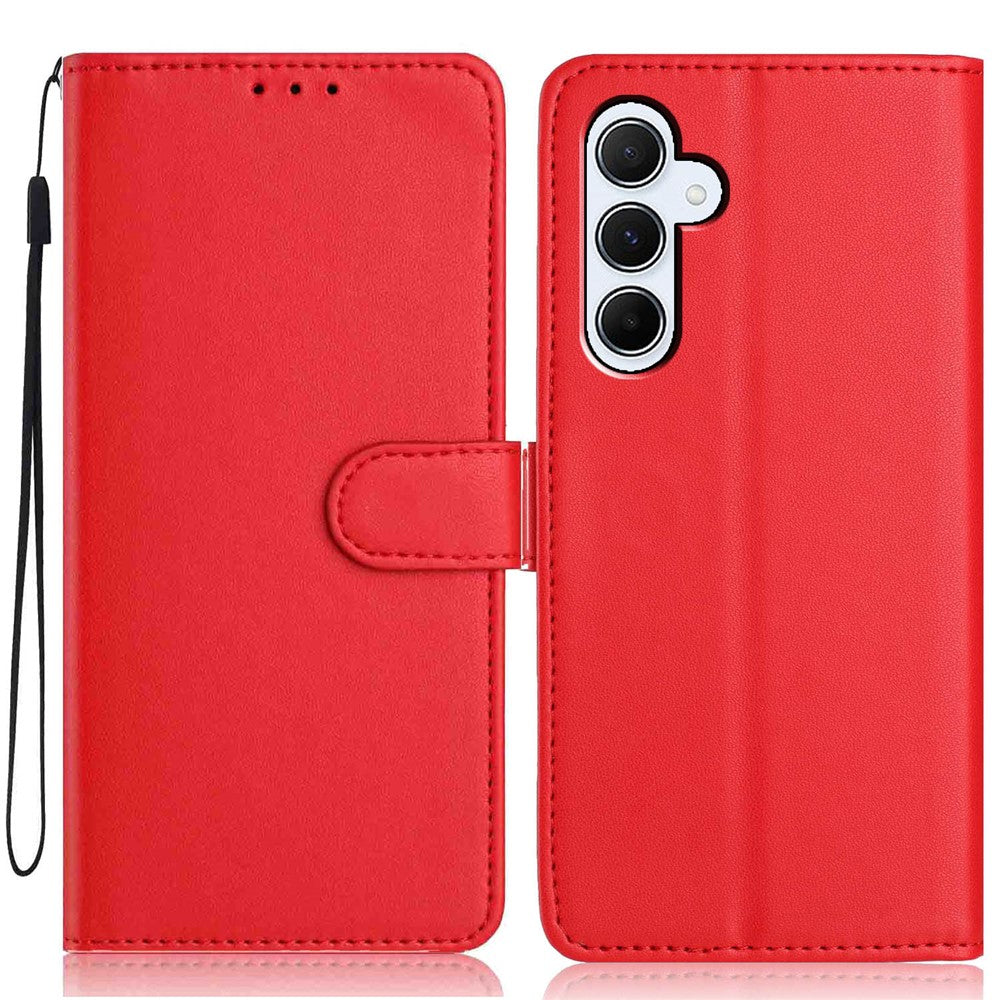 For Samsung Galaxy A57 5G Wallet Case with Strap / Multiple Card Slots Solid Color Leather Stand Phone Cover - Red