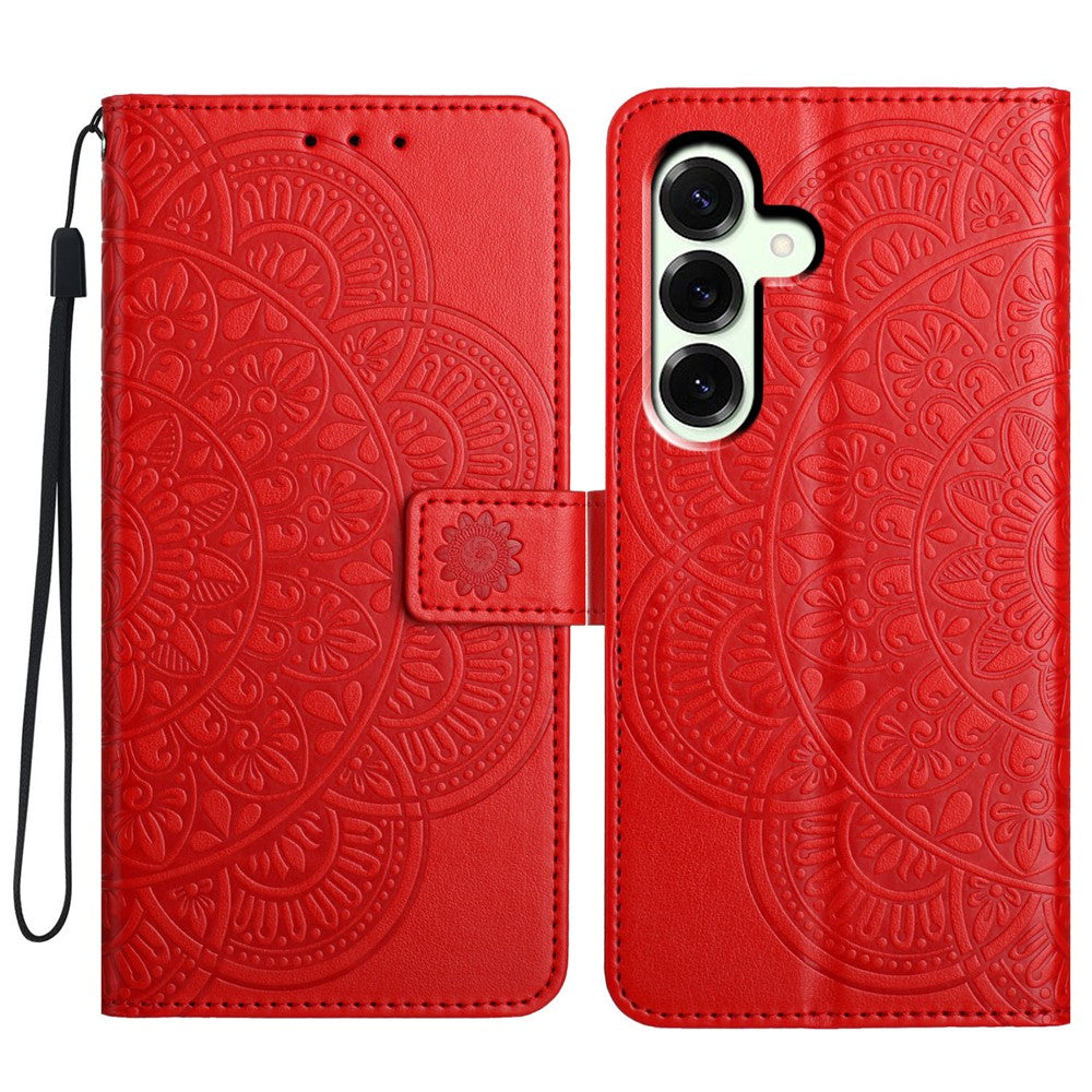 For Samsung Galaxy A57 5G Leather Case with Card Slots Mandala Pattern Phone Cover Stand - Red