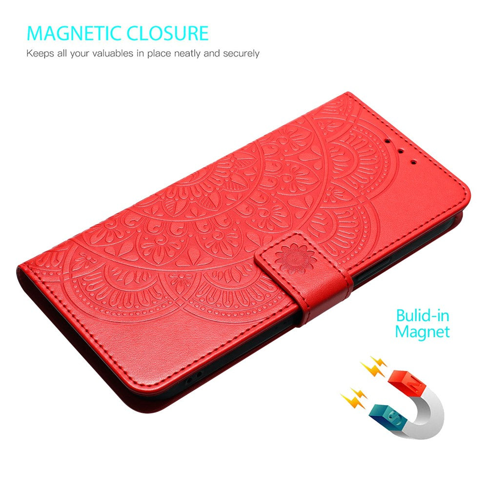 For Samsung Galaxy A57 5G Leather Case with Card Slots Mandala Pattern Phone Cover Stand - Red