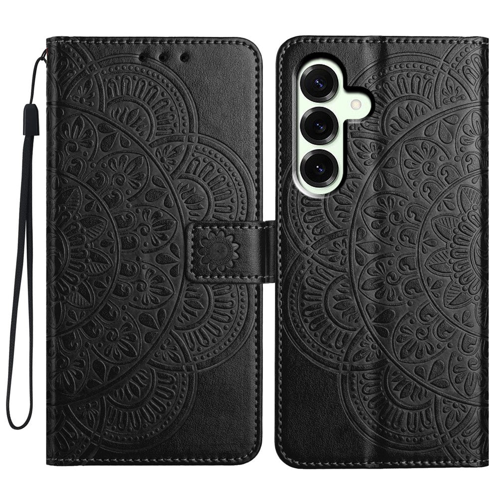 For Samsung Galaxy A57 5G Leather Case with Card Slots Mandala Pattern Phone Cover Stand - Black