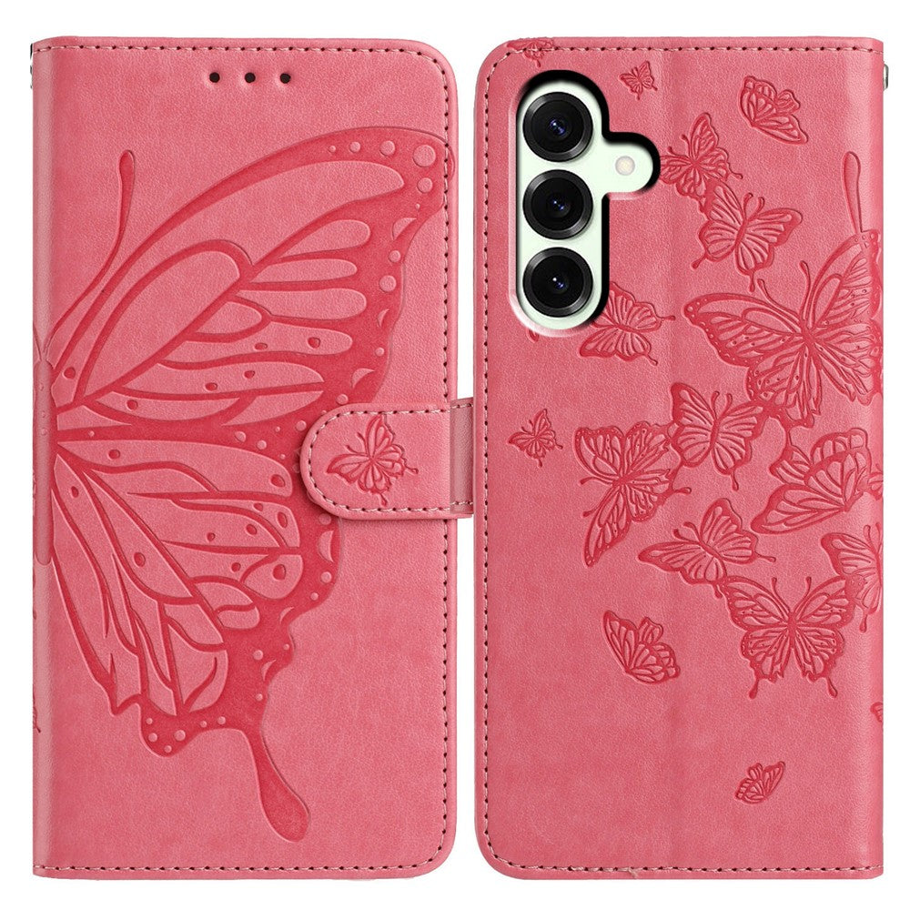 For Samsung Galaxy A57 5G Case Butterfly Imprinted Wallet Stand PU Leather Flip Phone Cover with Strap - Rose