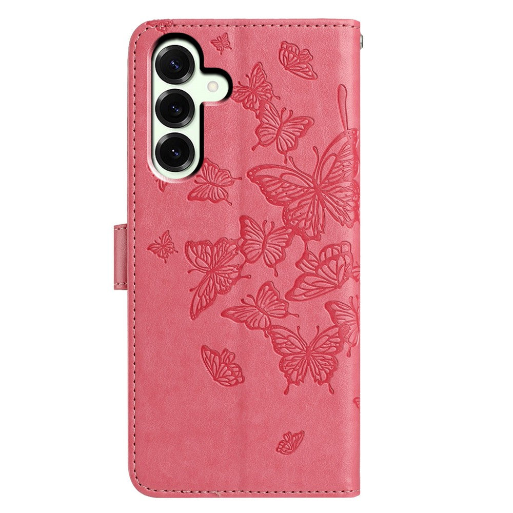 For Samsung Galaxy A57 5G Case Butterfly Imprinted Wallet Stand PU Leather Flip Phone Cover with Strap - Rose