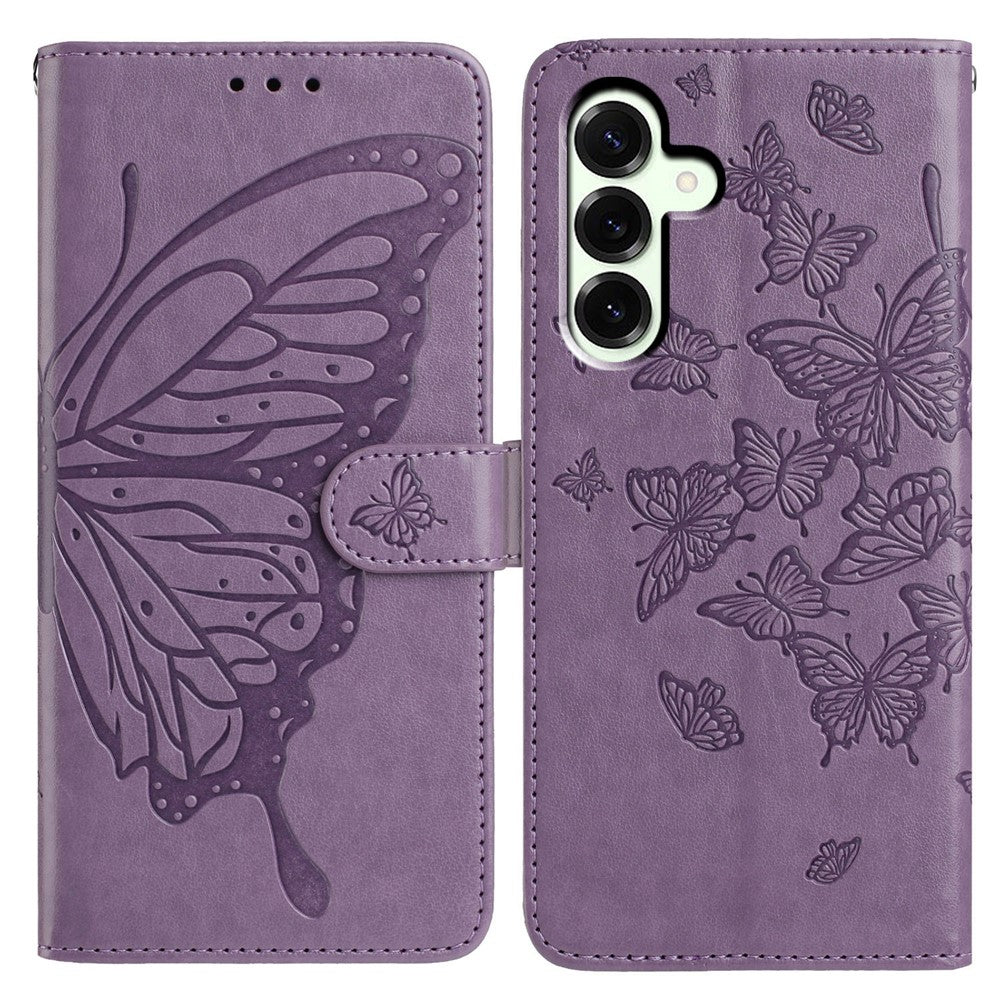 For Samsung Galaxy A57 5G Case Butterfly Imprinted Wallet Stand PU Leather Flip Phone Cover with Strap - Purple