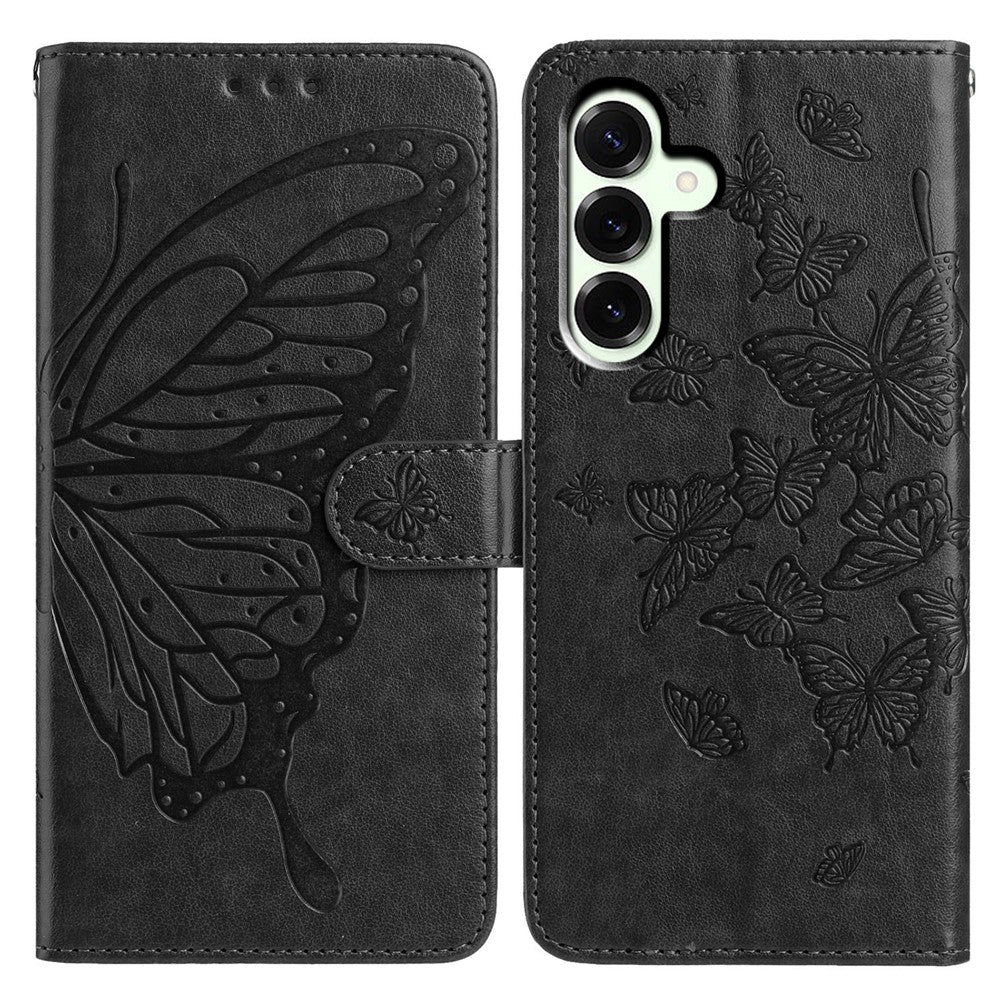 For Samsung Galaxy A57 5G Case Butterfly Imprinted Wallet Stand PU Leather Flip Phone Cover with Strap - Black