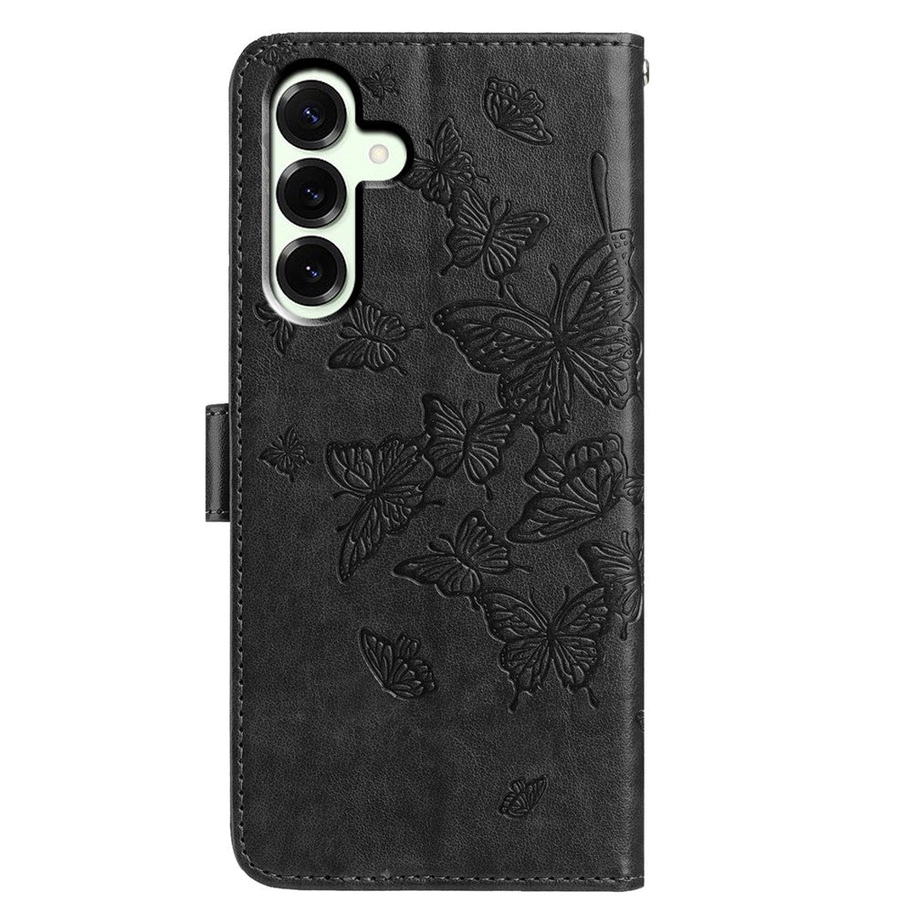 For Samsung Galaxy A57 5G Case Butterfly Imprinted Wallet Stand PU Leather Flip Phone Cover with Strap - Black