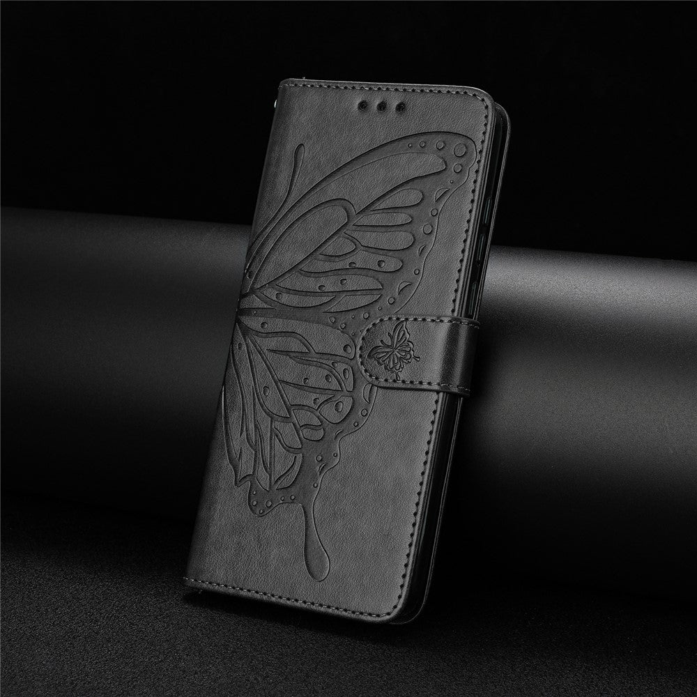 For Samsung Galaxy A57 5G Case Butterfly Imprinted Wallet Stand PU Leather Flip Phone Cover with Strap - Black