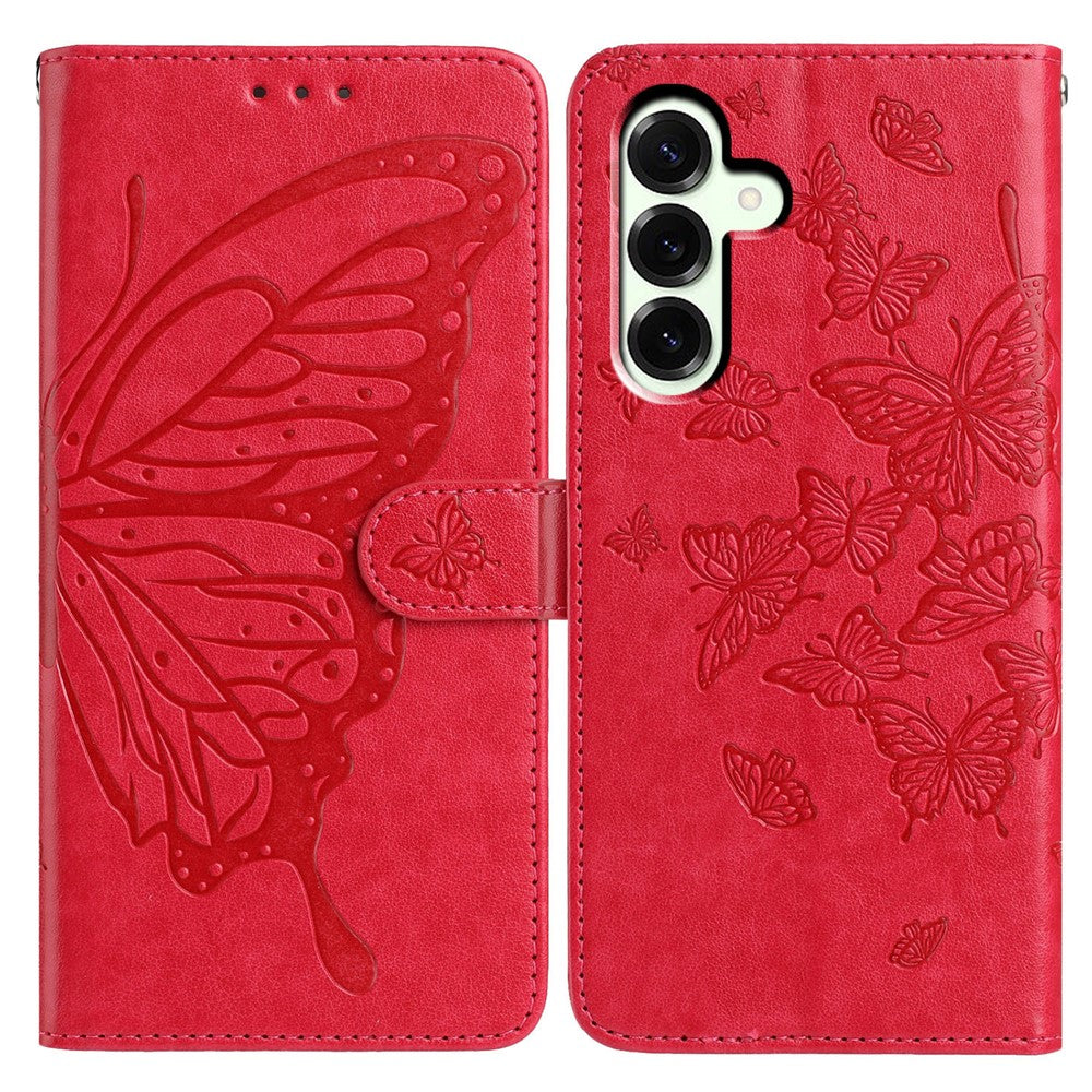 For Samsung Galaxy A57 5G Case Butterfly Imprinted Wallet Stand PU Leather Flip Phone Cover with Strap - Red