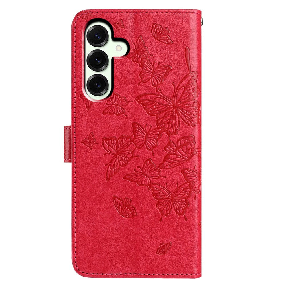For Samsung Galaxy A57 5G Case Butterfly Imprinted Wallet Stand PU Leather Flip Phone Cover with Strap - Red