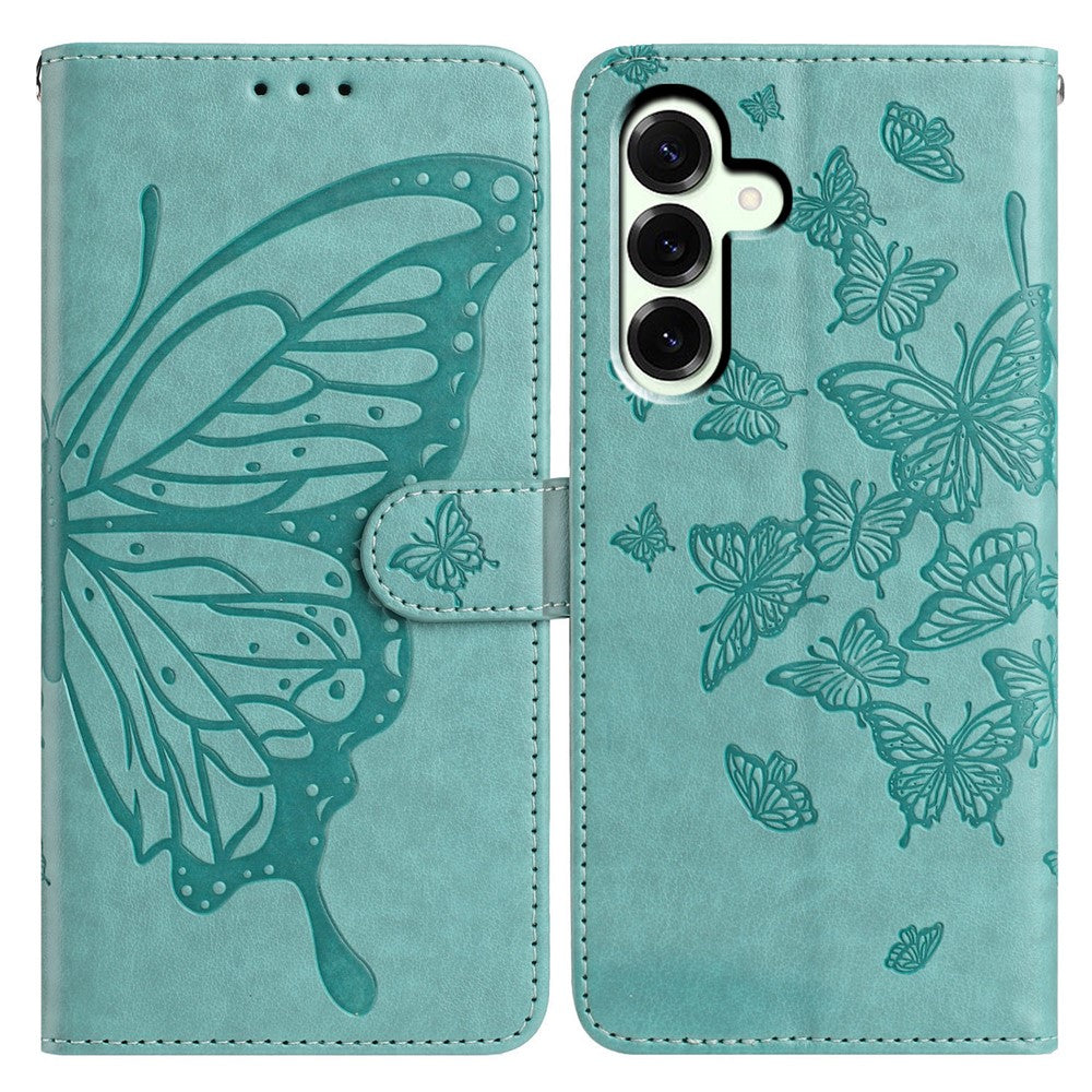 For Samsung Galaxy A57 5G Case Butterfly Imprinted Wallet Stand PU Leather Flip Phone Cover with Strap - Green