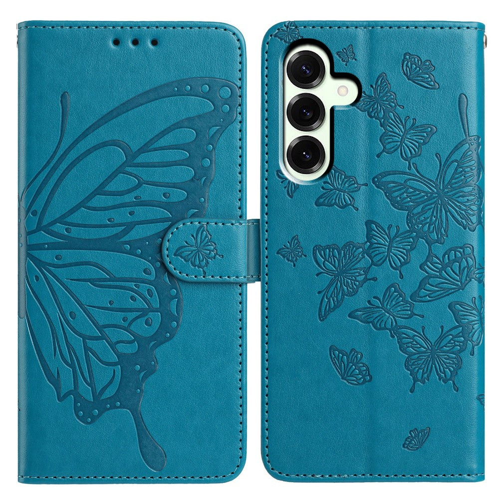 For Samsung Galaxy A57 5G Case Butterfly Imprinted Wallet Stand PU Leather Flip Phone Cover with Strap - Blue