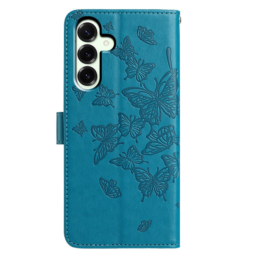 For Samsung Galaxy A57 5G Case Butterfly Imprinted Wallet Stand PU Leather Flip Phone Cover with Strap - Blue