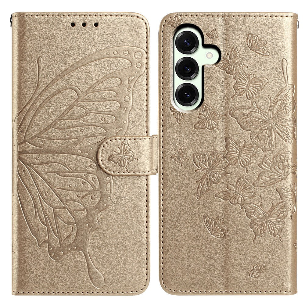 For Samsung Galaxy A57 5G Case Butterfly Imprinted Wallet Stand PU Leather Flip Phone Cover with Strap - Gold