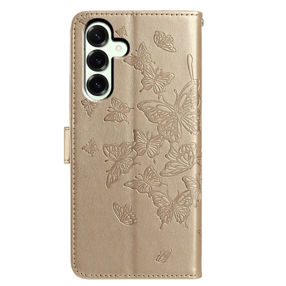 For Samsung Galaxy A57 5G Case Butterfly Imprinted Wallet Stand PU Leather Flip Phone Cover with Strap - Gold
