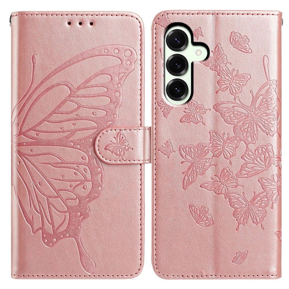 For Samsung Galaxy A57 5G Case Butterfly Imprinted Wallet Stand PU Leather Flip Phone Cover with Strap - Rose Gold